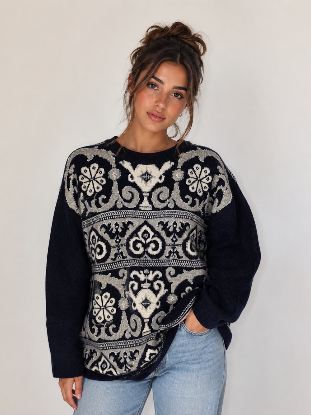Vintage Lambswool Angora Rabbit Hair Navy Geometric Fair Isle Nordic Sweater XL